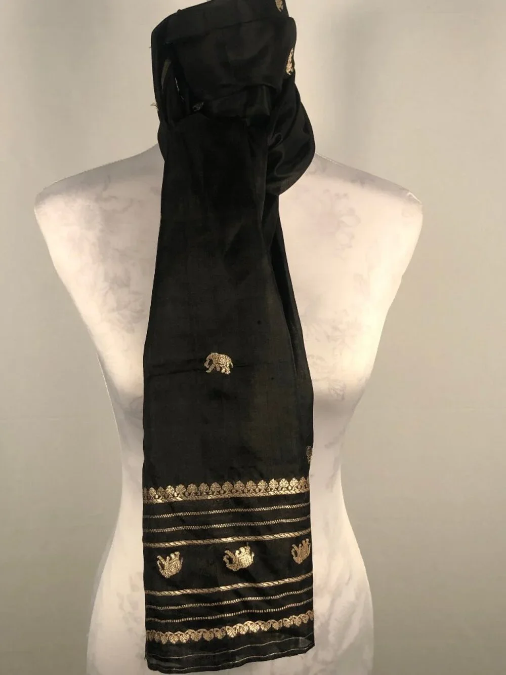 Sheer Black & Gold Embroidered Evening Scarf Shawl | Quiet Luxury